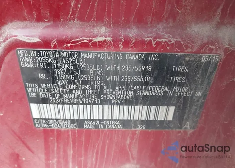 2015 Toyota Rav4 Limited z USA, uszkodzony, nr VIN 2T3YFREV8FW194713